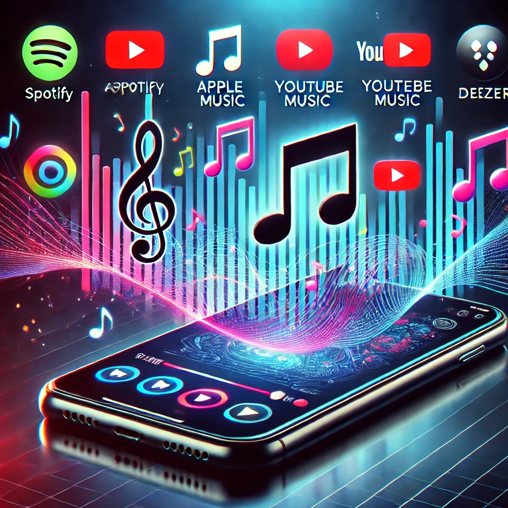 A modern digital music streaming concept illustration. The image features a smartphone screen displaying various music apps like Spotify Apple Music